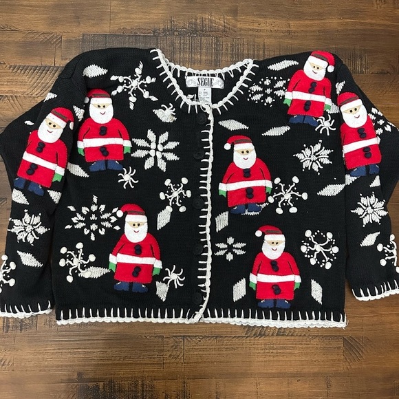 Vintage Segue Women's Christmas Sweater Cardigan Santa Hands Sewn Petite Medium - Picture 1 of 8
